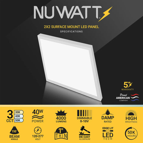 2x2 Foot Dimmable LED Flat Panel Light With 3 CCT Selectable 3000K 4000K 5000K, 4000 Lumens, 40W, damp rated graphic display
