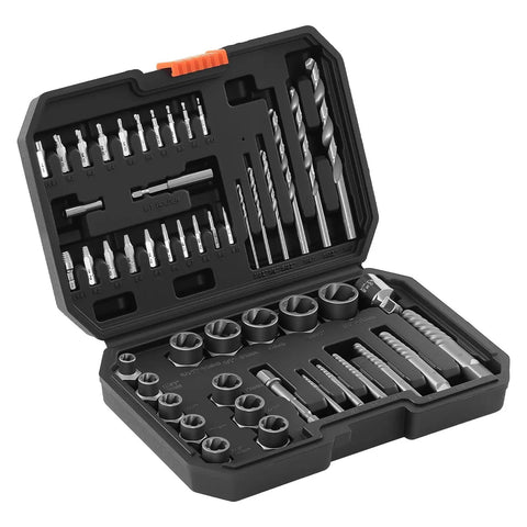 49 Piece All In One Bolt And Screw Extractor Kit With Drill Bits Easy Out Set in open case displaying tools and adapters
