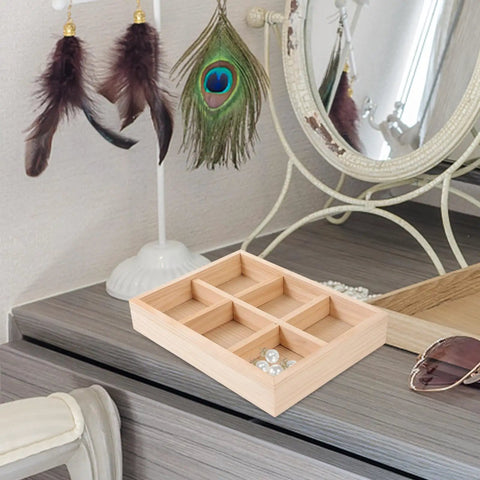 Six Compartment Pine Wood Jewelry Tray, Rustic Desktop Catch All For Rings And Necklaces, Chic Divided Organizer To Keep Your Bling Tidy And Display That Fresh Vibe On Any Desk Or Vanity