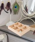 Dope Pine Wood Jewelry Tray With Six Grid Dividers Multi Compartment Ring And Earring Catch All Decorative Desktop Organizer on dresser.