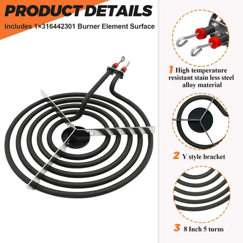 8 Inch Electric Coil Burner Replacement Element 2600W Fits Whirlpool Frigidaire Kenmore Stovetops MP26YA 316442301 Surface Cooktop Burner With Pigtail Ends 5 Turns showing coil details and pigtail ends
