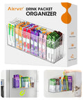 Game Changing Drink Packet Organizer With Adhesive And Magnet Mount For Fridge Cabinet Featuring Slide Out Dividers, clear acrylic display with drink packets.