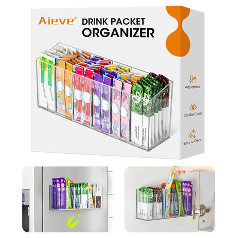 Game Changing Drink Packet Organizer With Adhesive And Magnet Mount For Fridge Cabinet Featuring Slide Out Dividers, clear acrylic display with drink packets.