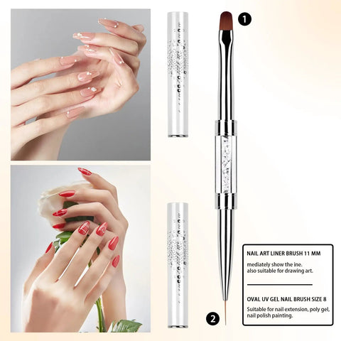 Dual Ended Hard Gel Nail Brush For Builder Gel And Polygel with rhinestone handle, includes oval and liner brush.