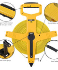 Open Reel Fiberglass Tape Measure With One Half Inch Blade, 330 Foot Length, Imperial And Metric Double Sided Scale in yellow ABS shell