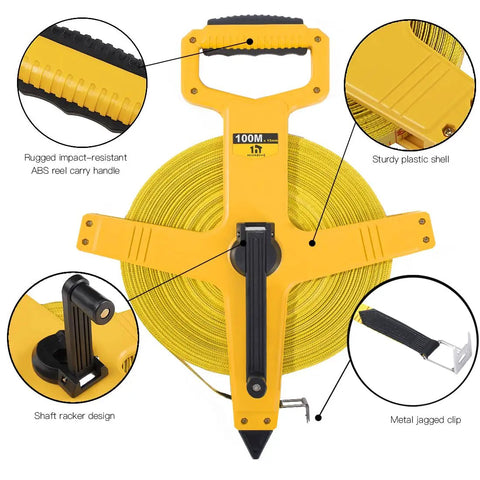 Open Reel Fiberglass Tape Measure With One Half Inch Blade, 330 Foot Length, Imperial And Metric Double Sided Scale in yellow ABS shell