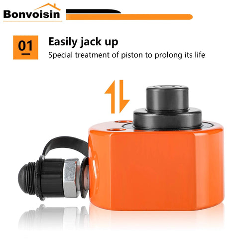 Bonvoisin orange 10T hydraulic cylinder jack Porta Power with 1-inch stroke, compact low-profile ram
