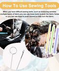 Image showing usage of 10 Piece Quick Turn Fabric Sewing Tools Set for Loop and Tube Turners and Threaders Perfect for Sewing Threading Crafting and DIY Projects Multifunctional Fabric Turning Tools for Fast and Easy Use with sewing machine and fabric.