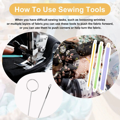 Image showing usage of 10 Piece Quick Turn Fabric Sewing Tools Set for Loop and Tube Turners and Threaders Perfect for Sewing Threading Crafting and DIY Projects Multifunctional Fabric Turning Tools for Fast and Easy Use with sewing machine and fabric.
