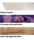 Close-up of a nylon sliding door wheel with text highlighting noise-free, silent operation and floor-safe features.