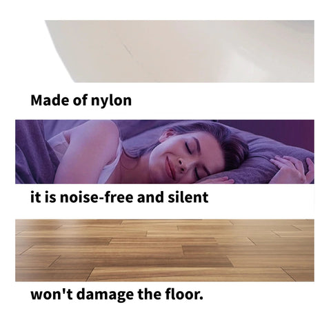 Close-up of a nylon sliding door wheel with text highlighting noise-free, silent operation and floor-safe features.