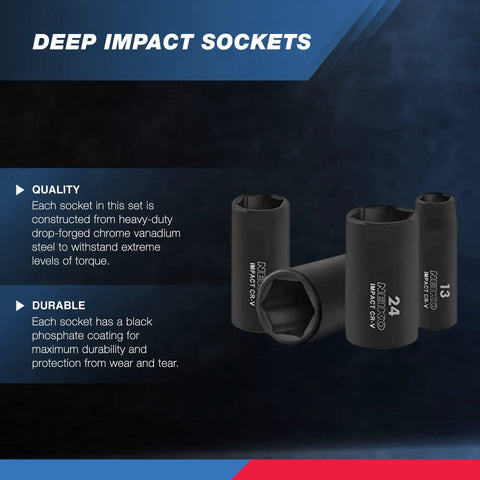 Deep Impact Socket Set Half Inch Drive Beefy 14 Piece 6 Point Metric Sizes 11 mm To 32 mm Heavy Duty Cr-V Steel