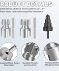 3Pcs PVC Pipe Threader Tool Kit For 1/2 And 3/4 Inch Plastic Pipes With Dual Function Internal External Tapping And Threading Capability Includes Step Drill Bit For Electric Drilling Projects And Diy Plumbing Repairs, featuring integrated thread cutters and hexagonal shank design.