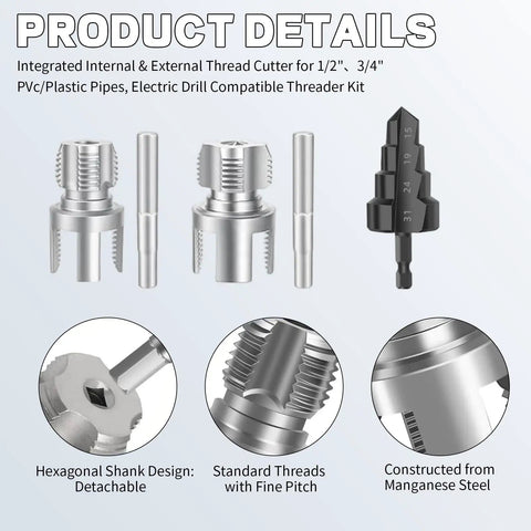 3Pcs PVC Pipe Threader Tool Kit For 1/2 And 3/4 Inch Plastic Pipes With Dual Function Internal External Tapping And Threading Capability Includes Step Drill Bit For Electric Drilling Projects And Diy Plumbing Repairs, featuring integrated thread cutters and hexagonal shank design.