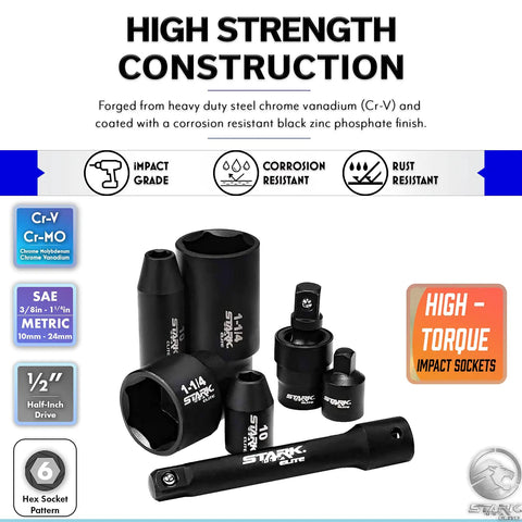 Half Inch Drive Impact Socket Set With 65 Piece Deep And Shallow Sockets SAE And Metric Sizes Adapters And Ratchet Handle Included Includes Three Extension Bars For Maximum Reach And Versatility showing socket features