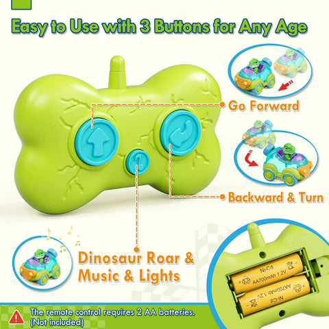Close-up of green remote with 3 buttons for Dino RC Car For Toddlers Tot Friendly With Lights And Music Rechargeable Remote Controlled Dinosaur Toy For Ages 2 3 4 Years Old Includes USB Charging Cable And Two Dino Figures, showing forward and backward controls and battery compartment.