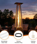 Replacement Glass Tube For Four Sided Pyramid Patio Heater, 49.5 Inches Tall, showing surrounding seating area and borosilicate tube.