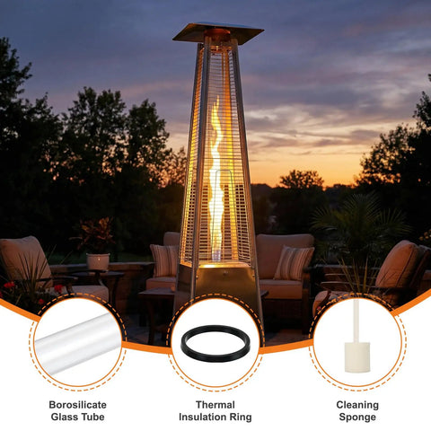 Replacement Glass Tube For Four Sided Pyramid Patio Heater, 49.5 Inches Tall, showing surrounding seating area and borosilicate tube.