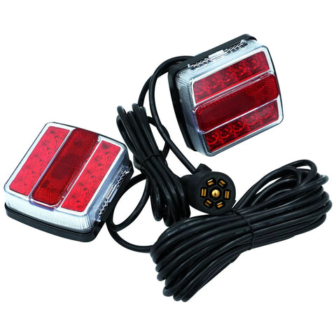 dreamdragon magnetic trailer towing light kit, angled view: two red LED taillights, 24ft cable, 7-pin plug, IP68