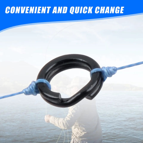 Fishing Split Rings Assortment Kit With 200 Pcs Stainless Steel Rings, showing close-up of split ring tied to fishing line