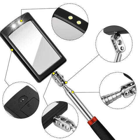 LED Mirror Inspection Set Must Have Two Piece Telescoping Round And Square Mirrors With Bright LED Light Ideal For Vehicle
