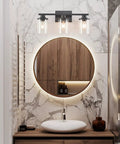 Three Light Matte Black Bathroom Vanity Lights With Clear Glass Shades Modern Wall Sconces for Over Mirror in bathroom setting