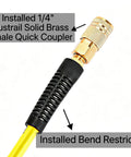 Close-up of 1/4 inch industrial solid brass female quick coupler with bend restrictor on Heavy Duty 3/8 Inch By 100 Ft Hybrid Air Hose Delivering 300 Psi.