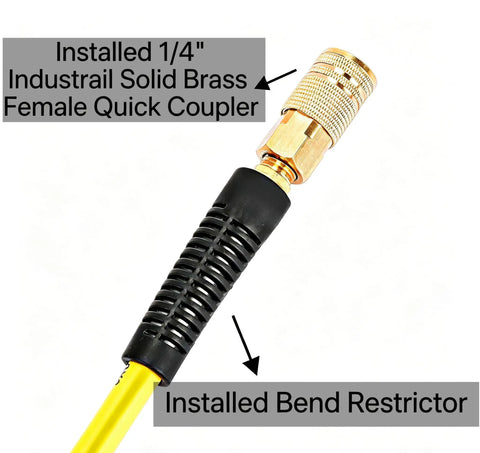Close-up of 1/4 inch industrial solid brass female quick coupler with bend restrictor on Heavy Duty 3/8 Inch By 100 Ft Hybrid Air Hose Delivering 300 Psi.