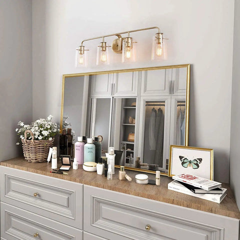 Gold Vanity Light Over Mirror With Antique Brass Finish And Clear Bubbled Glass Shades Dope Mid Century Wall Sconce For Dressing Rooms Contemporary Bathroom Fixture Hand Painted For A Luxe Vibe above dresser