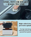 Automatic Electric Portafilter Cleaner For Coffee Grounds Handles Espresso Pucks With Zero Sweat Easy Drop Off Knock Box showing one-touch start button and high-sided design for splash prevention.