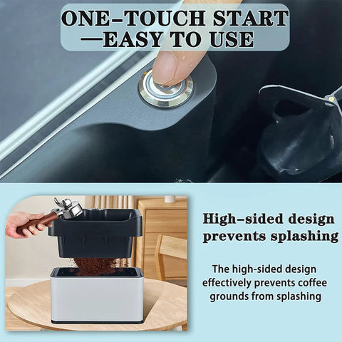 Automatic Electric Portafilter Cleaner For Coffee Grounds Handles Espresso Pucks With Zero Sweat Easy Drop Off Knock Box showing one-touch start button and high-sided design for splash prevention.