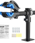 Heavy Duty Bike Repair Stand Bench Mount for Road and Mountain Bikes Adjustable Work Stand with Non Slip Silicone Clamp Built To Last Sturdy Steel Frame Four Hole Mounting Flange Home Bike Maintenance Rack shown unassembled with mounting accessories