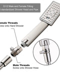 Front view of brushed-nickel hand shower flow regulator valve with lever handle; shows G1/2 male and female threads.