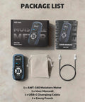 Package contents for Rechargeable Pinless Moisture Meter For Wood Drywall And Masonry With Color Display, Adjustable Alarm, Data Logs, And Non Destructive Water Leak Detection, Ultra Fast One Second Readings And Dual Scan Per Second For Home Use: meter, manual, cable, pouch