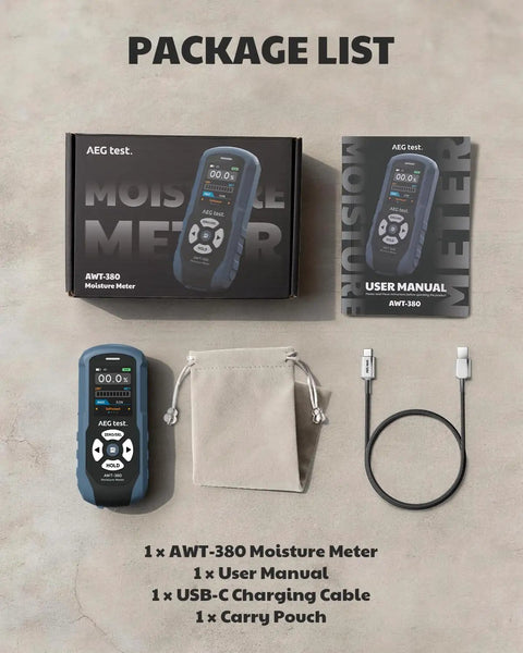 Package contents for Rechargeable Pinless Moisture Meter For Wood Drywall And Masonry With Color Display, Adjustable Alarm, Data Logs, And Non Destructive Water Leak Detection, Ultra Fast One Second Readings And Dual Scan Per Second For Home Use: meter, manual, cable, pouch