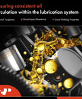 Illustration of oil flowing through a mechanical lubrication system with text highlighting toughness and impact resistance.