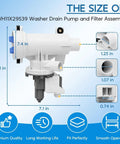 Upgraded Heavy Duty Washer Drain Pump Filter Assembly Direct Oem Swap For Ge Washing Machines showing dimensions 7.4 in x 7.1 in.