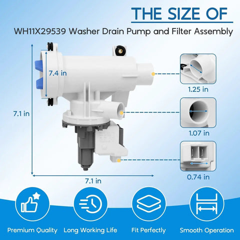 Upgraded Heavy Duty Washer Drain Pump Filter Assembly Direct Oem Swap For Ge Washing Machines showing dimensions 7.4 in x 7.1 in.