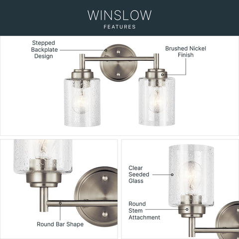 Winslow 12.75-Inch Vanity Light in Brushed Nickel, 2-light fixture with stepped backplate and clear seeded glass detail.