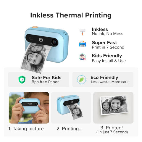 Kids Instant Print Camera Kit With 16MP Sensor, 9 Rolls Paper, Travel Case And Wearable EVA Case, Prints Up To 450 Photos, Durable Lightweight Gift For Ages 4 To 12, Your Kid's New Travel Photo Buddy, blue thermal camera printing photos
