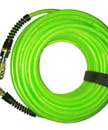 Industrial Interchange Air Hose Pro Grade With Ball Coupler And Air Safety Plug, Reinforced Polyurethane Tubing, 300 PSI, 1/4in x 100ft, Green