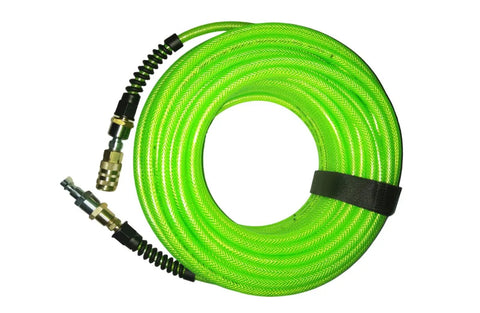 Industrial Interchange Air Hose Pro Grade With Ball Coupler And Air Safety Plug, Reinforced Polyurethane Tubing, 300 PSI, 1/4in x 100ft, Green
