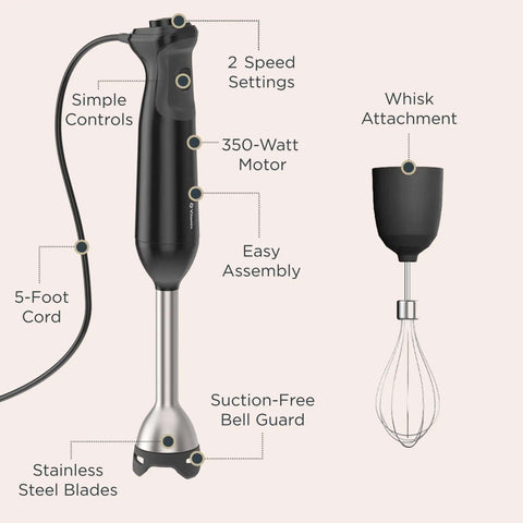 Slick Two Speed Immersion Blender With Whisk Attachment And Knockout 350 Watt Motor For Effortless Soup Blending Sauce Crafting And No Fuss Smoothie Mixing In Modern Black showcasing controls, whisk attachment, and stainless steel blades.