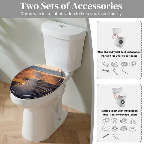 Fresh Coastal Thatched Roof Umbrella Decorative Resin Toilet Seat on toilet, 14.5x18.5 inches, with installation accessories.
