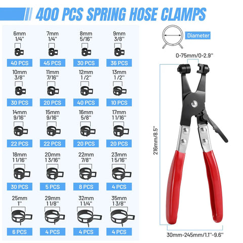 400-Piece Spring Hose Clamp Set 6-35mm With Pliers, 20 Sizes, kit diagram and pliers