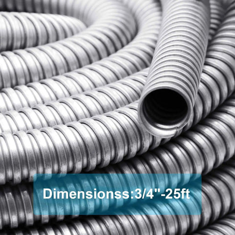 Close-up of 25 Ft 3/4 Inch Reduced Wall Flexible Metal Conduit For Low Voltage Outdoor Wiring, galvanized steel with smooth interior