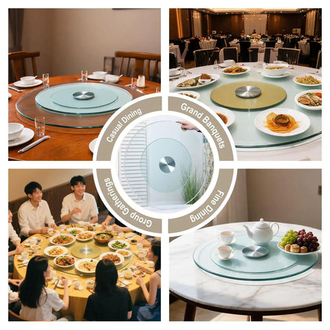 Collage of Two Tier Tempered Glass Lazy Susan Turntable in various dining settings