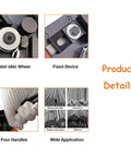 Details of Badass 110V 1700W Electric Rebar Bender; steel idler wheel, fixed device, and application for steel rods.