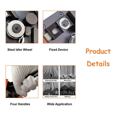 Details of Badass 110V 1700W Electric Rebar Bender; steel idler wheel, fixed device, and application for steel rods.