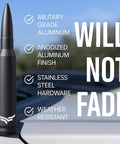 50 Cal Bullet Antenna For Ford F150 F250 F350 Super Duty Raptor Bronco And Dodge Ram Matte Black Anti Theft Topper Upgrade For Badass Trucks With Bold Look And Easy Install, military grade aluminum and anodized finish, on truck, text 'WILL NOT FADE'.
